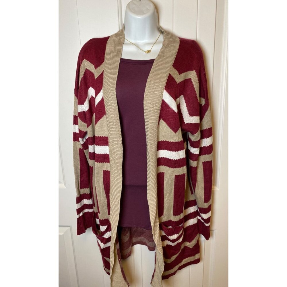 Leo & Nicole Bold geometric patterns cardigan sweater, Large, Beige & Burgundy